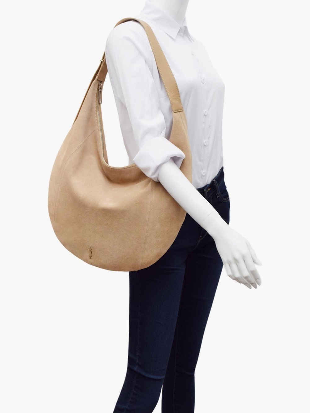 Suede Hobo Shoulder Bag in Beige Tan